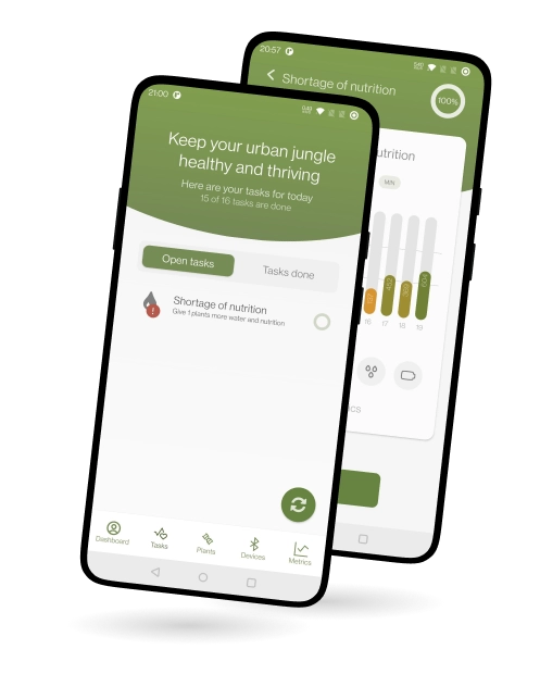 Two phones with the app, a task list in front and a nutrition chart behind