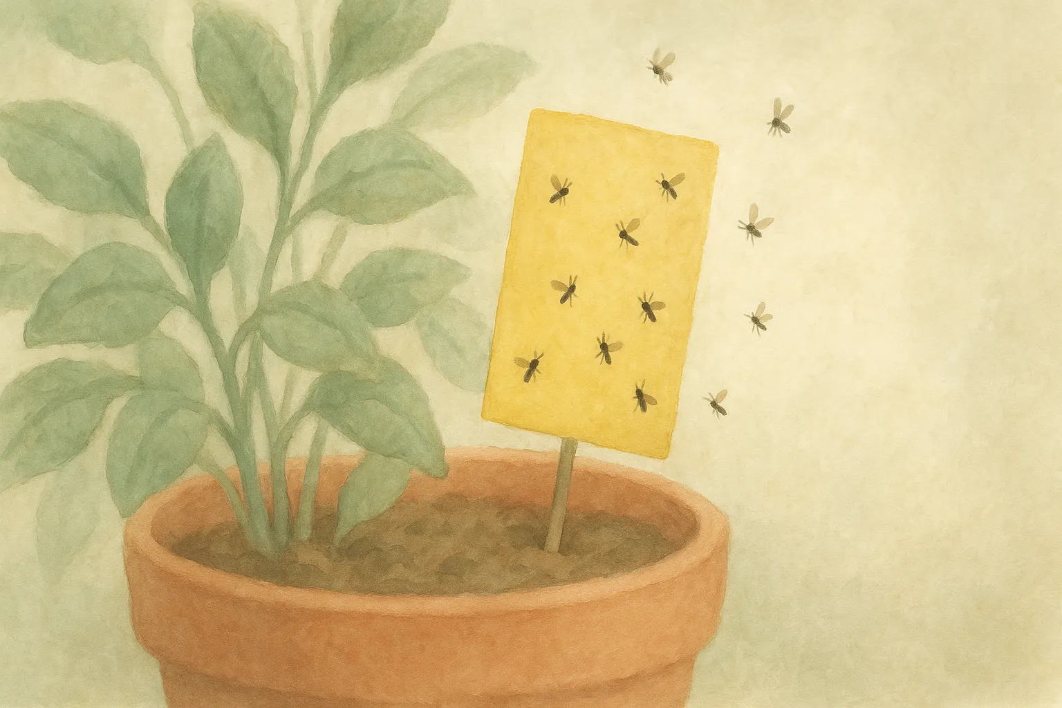 A yellow sticky trap covered in caught fungus gnats above the soil.