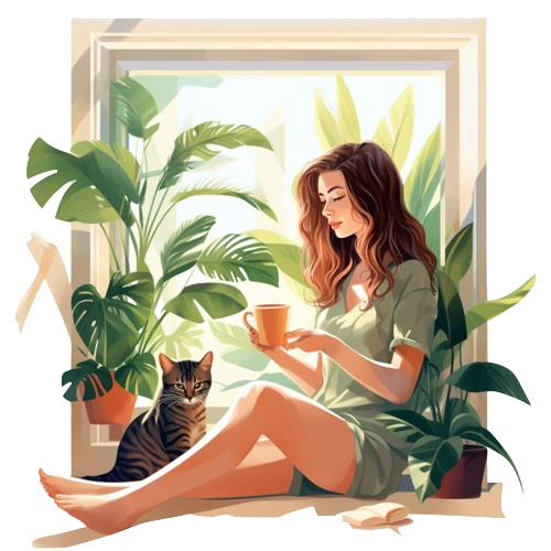 Woman with a mug among her houseplants, a cat beside her