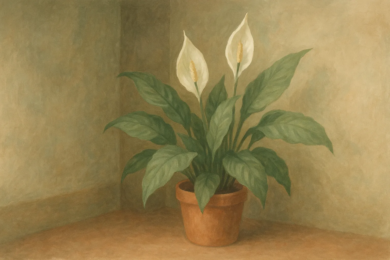 A peace lily with white blooms brightening a dim corner of a room.