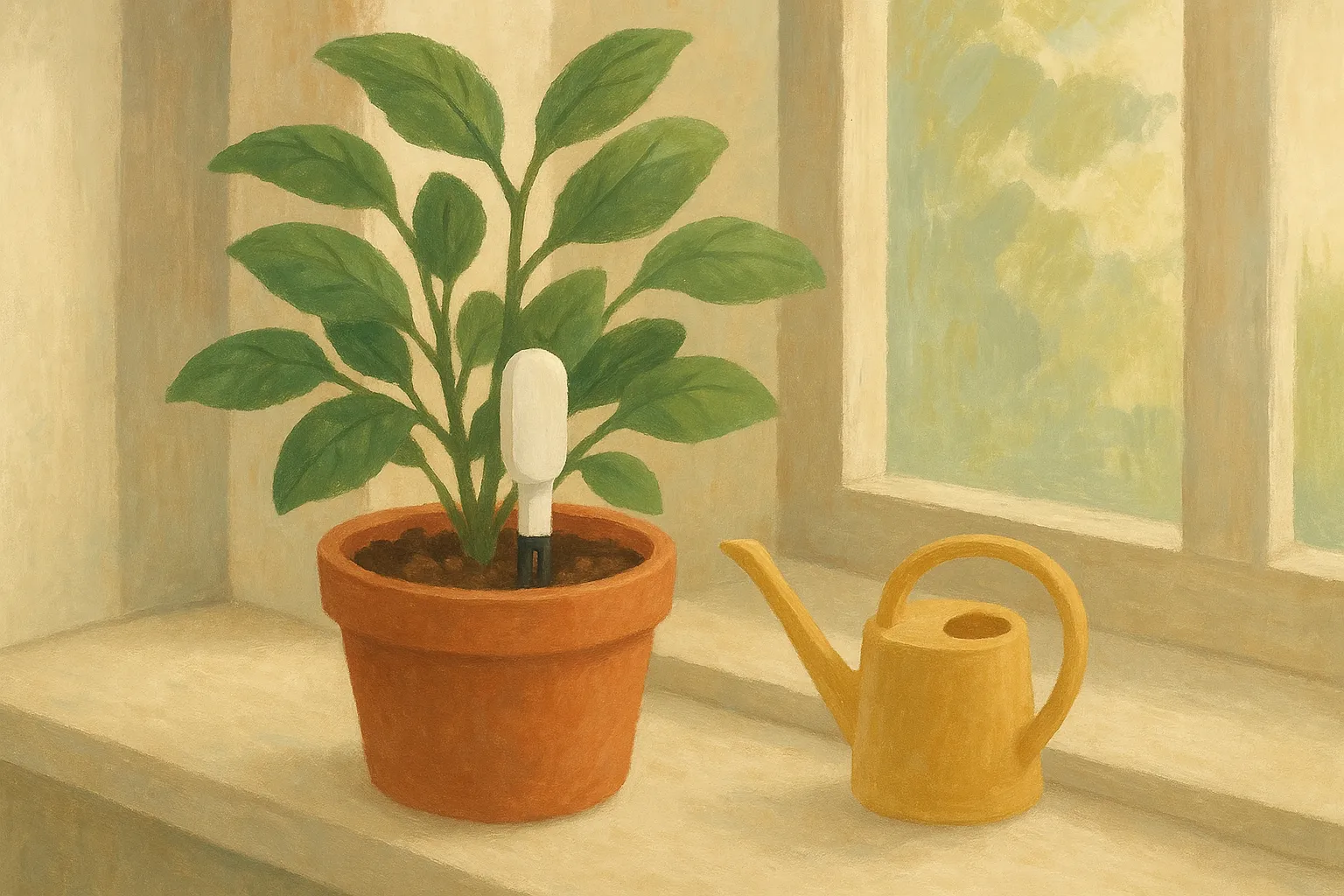 A potted plant with a Mi Flora sensor in soft daylight.