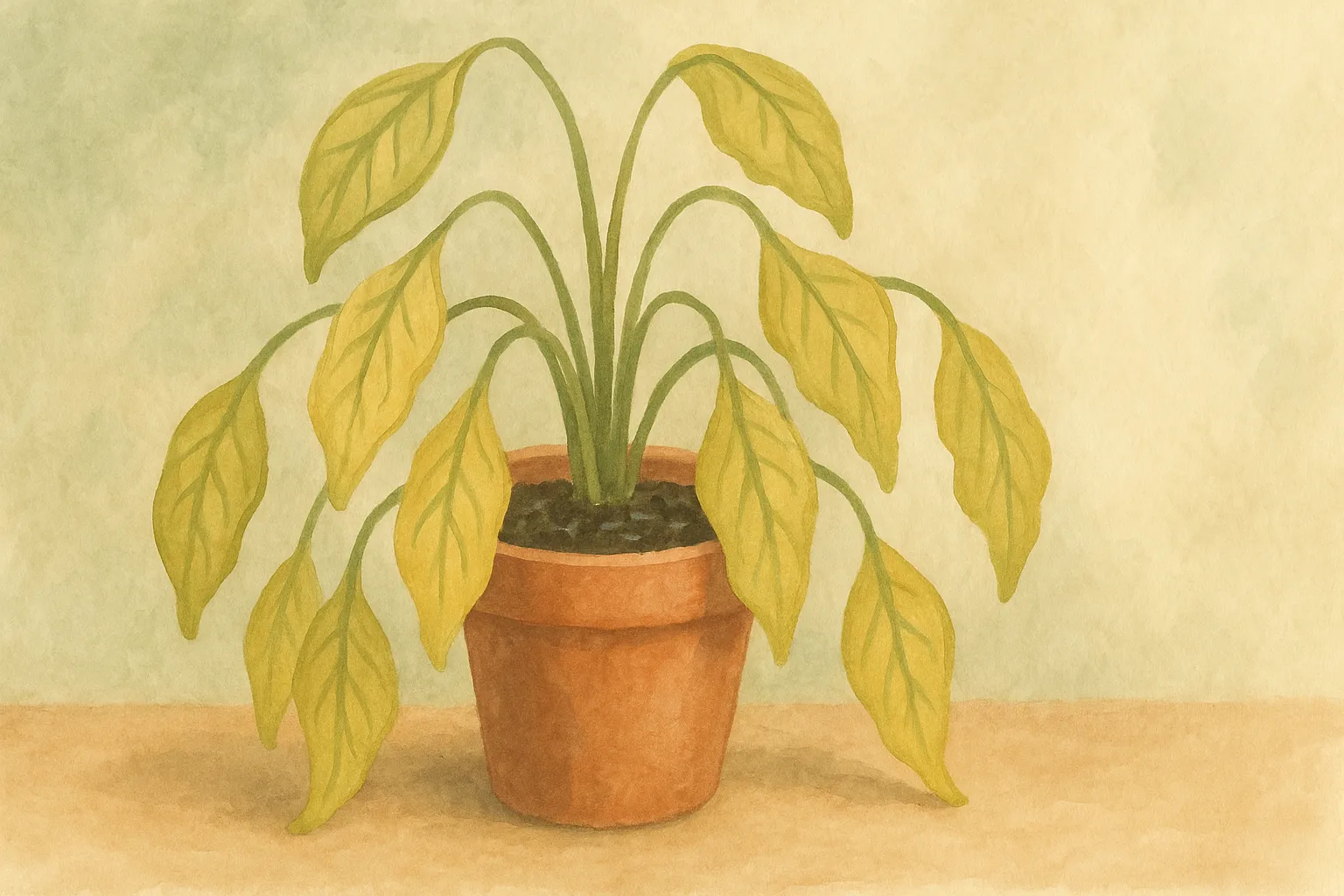 A wilting houseplant drooping in waterlogged, soggy soil.