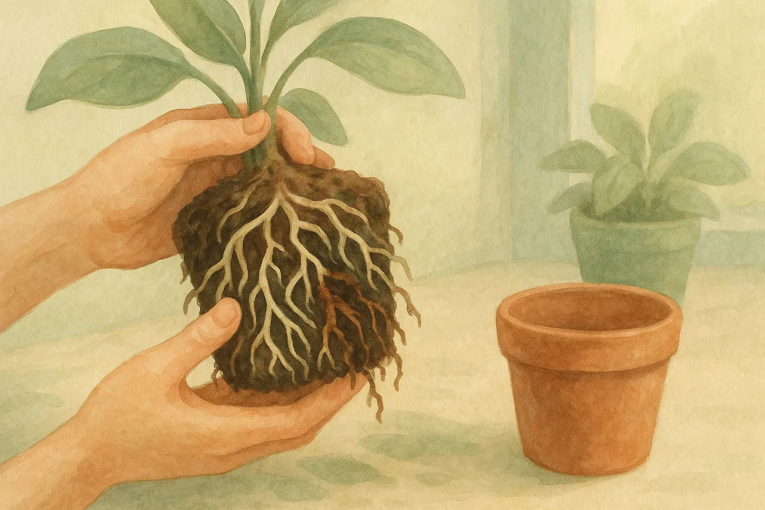 Hands lifting a plant from its pot to check the roots for rot.