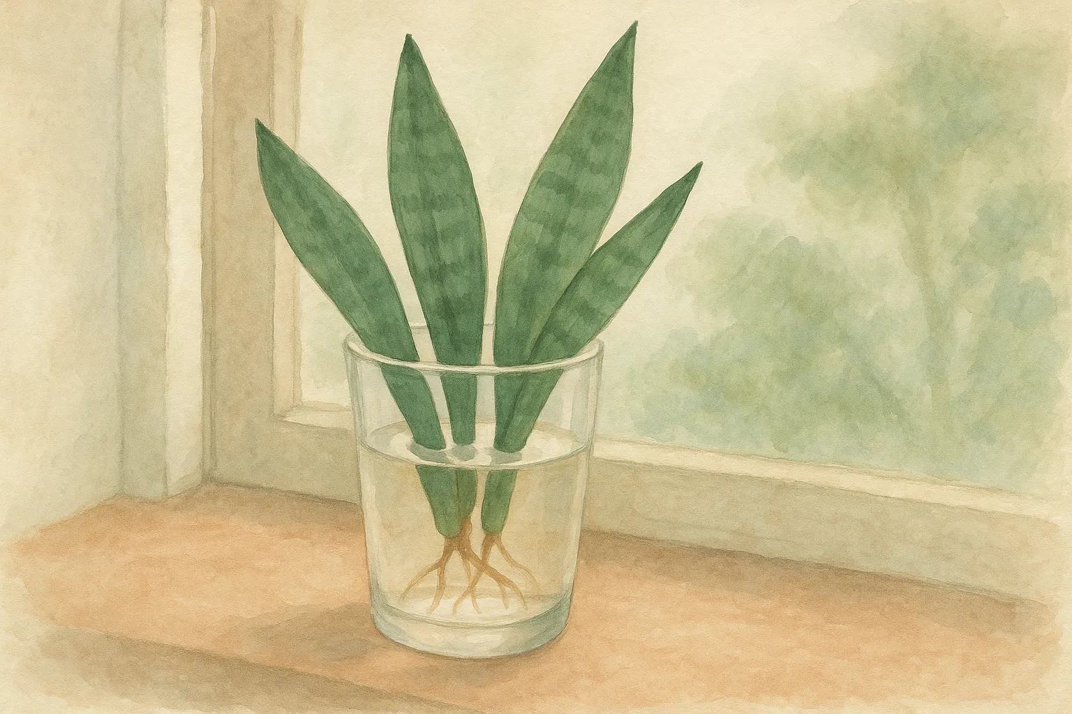 Snake plant leaf cuttings rooting upright in a glass of water.