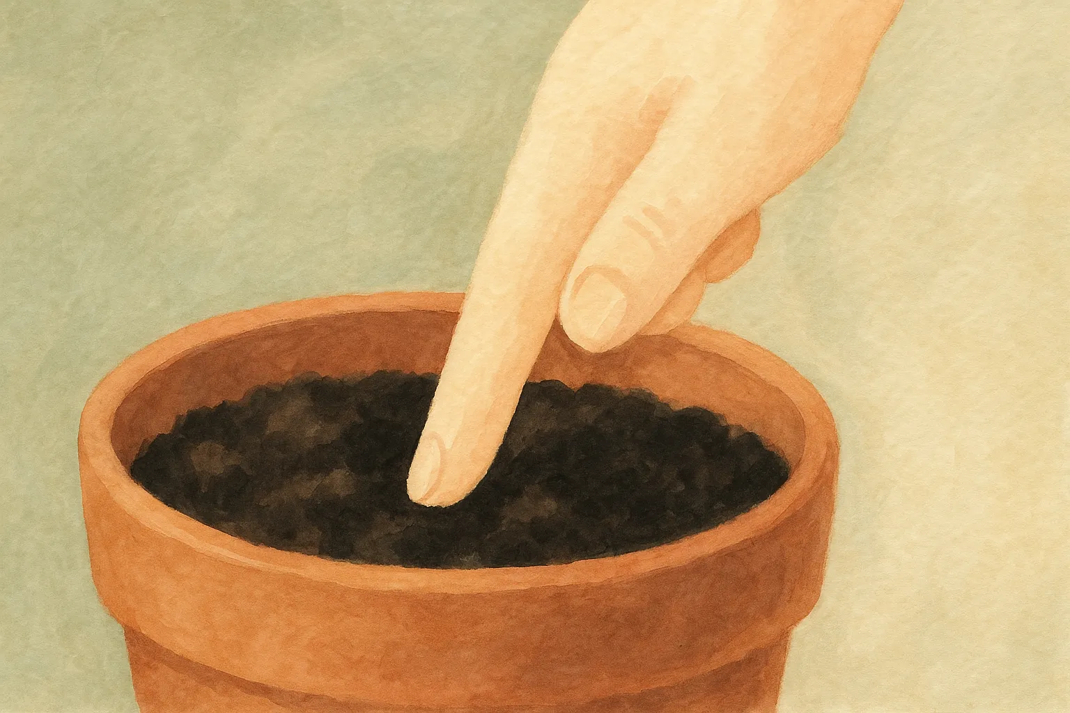 A finger pressed into the soil to check whether it has dried out.