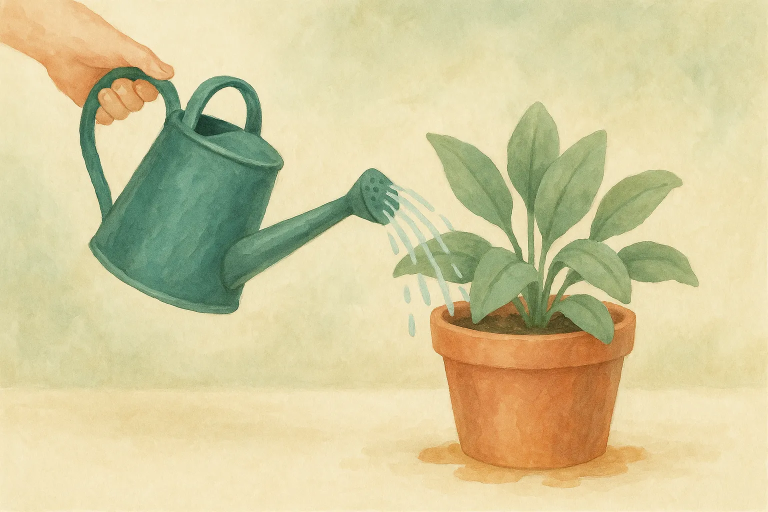 A watering can pouring water evenly over a potted houseplant.