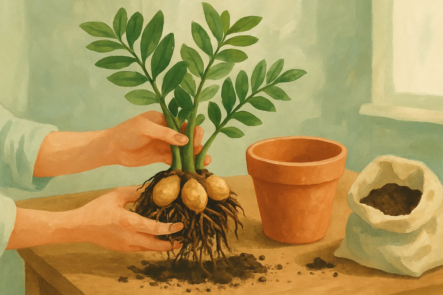 Hands repotting a ZZ plant, showing the thick rhizomes.